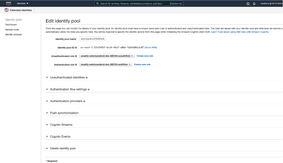 Description of identity pool in the Amazon cognito console