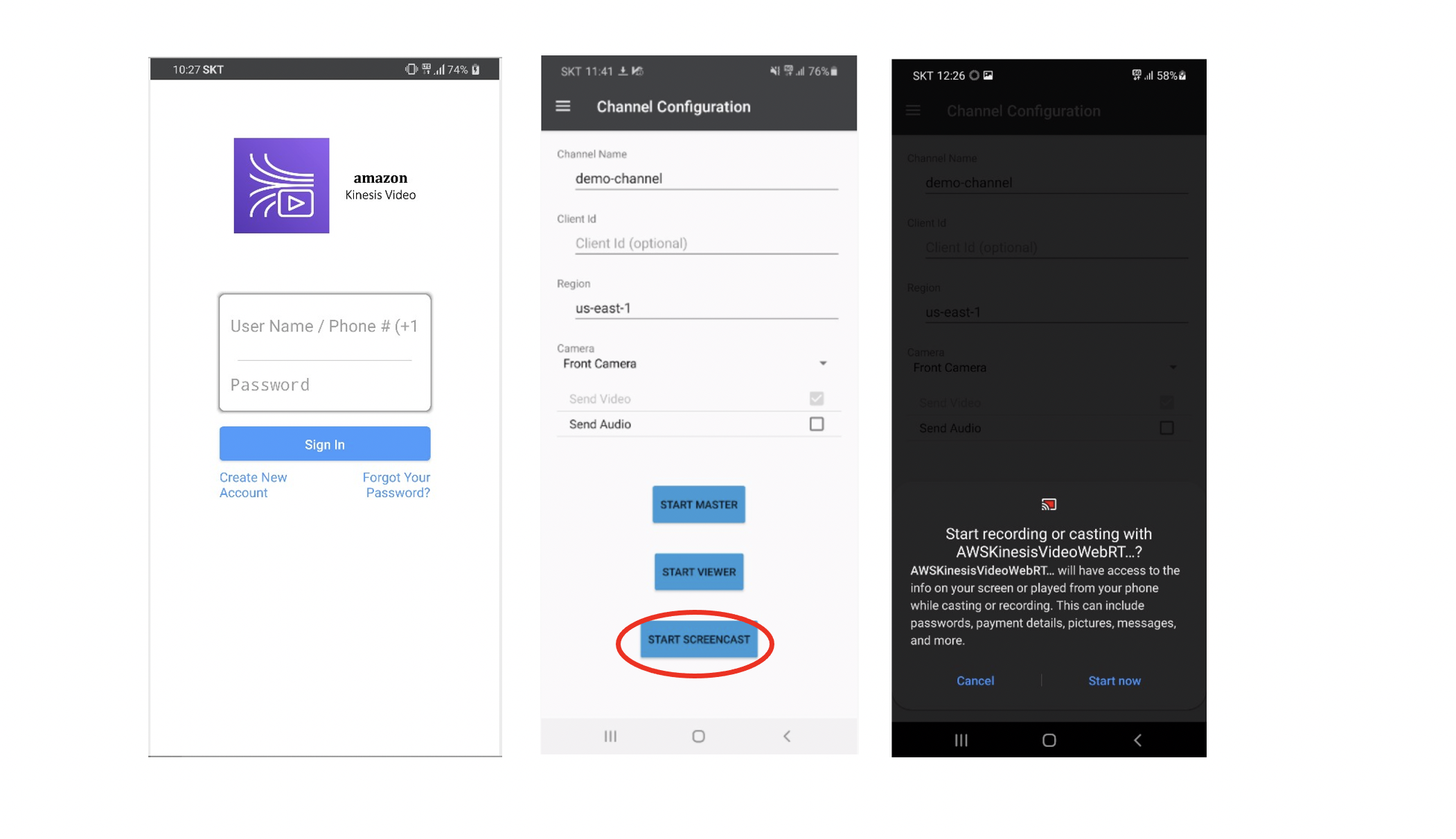 Log-in activity of android app, configuration activity of android app, and user prompt for casting 