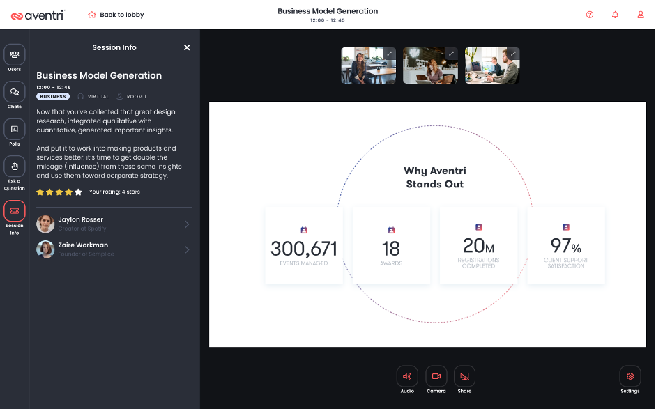 The Aventri UI showing an event titled "Business Model Generation", along with the session description, presenters, rating, attendees and presentation screen.