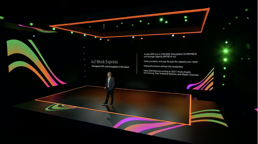 A screenshot from AWS CEO, Andy Jassy as he presented on stage for the 2021 re:Invent Keynote presentation.