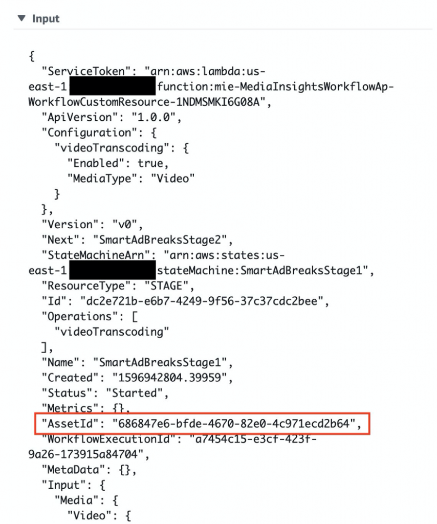 AWS Step Function console – detail of Input