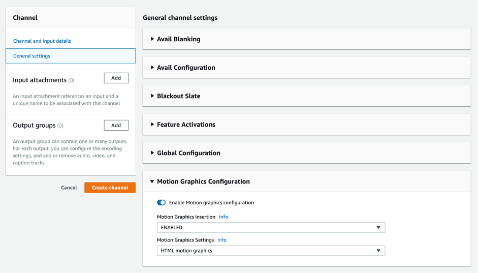 AWS MediaLive configuration window showing the option to enable and disable motion graphics