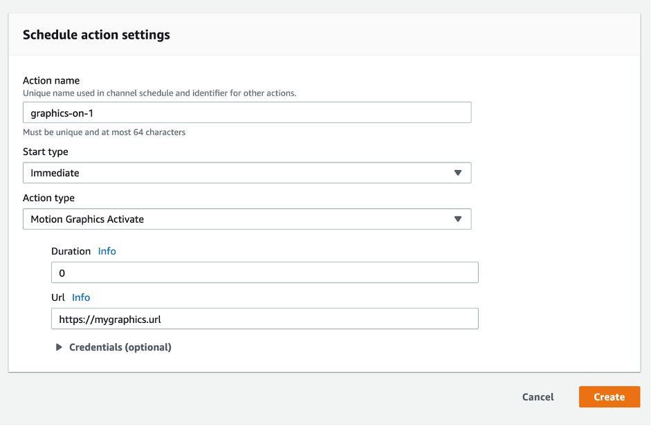 The AWS media live scheduled action setting to activate the motion graphics inserter