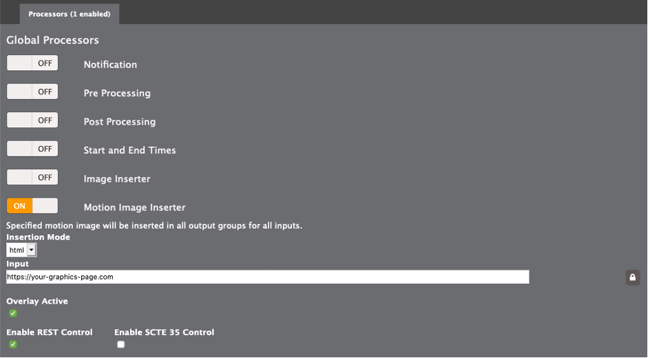 The elemental live event configuration showing the motion graphics inderter configuration. The insertion mode is set to HTML