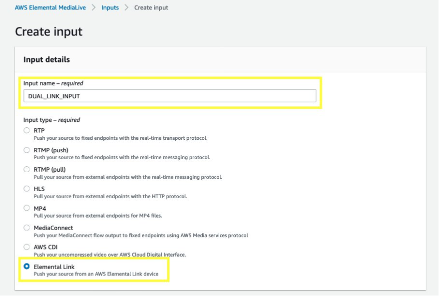 MediaLive Management Console, create input page