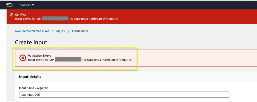 Example validation error when exceeding maximum input creation limits