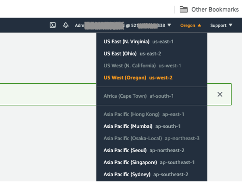 AWS Management Console, Region selection drop-down