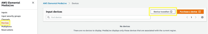 MediaLive Management Console, Devices page