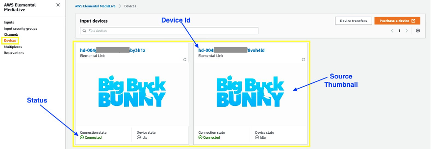 MediaLive Management Console, Devices page