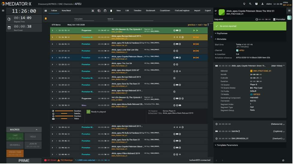 The Evertz Mediator-X Playlist Task allowing operators to manage multiple playout channels via the user interface.