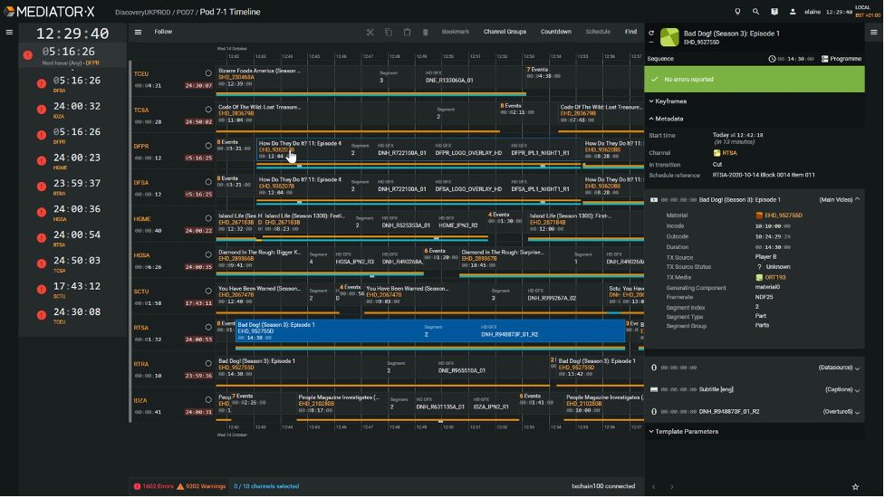 The Evertz Mediator-X Timeline Task allowing operators to manage multiple playout channels via the user interface.