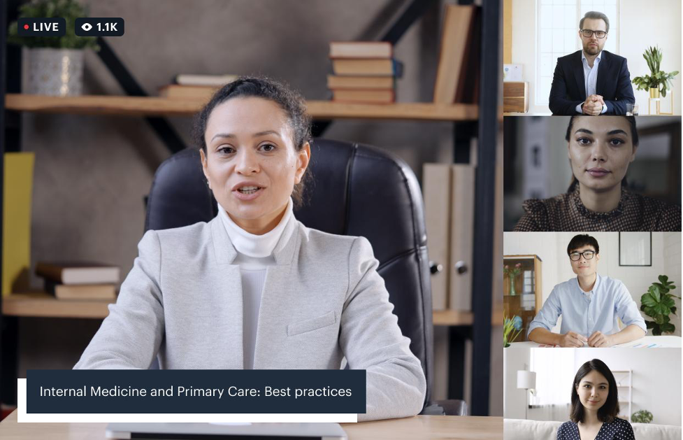 A video call of a conference panel "Internal Medicine and Primary Care", showing an active speaker and four additional guests, is also live streamed