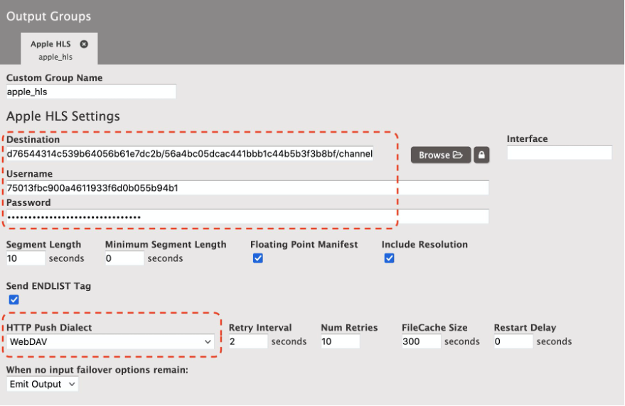 The output destination configured to use MediaPackage