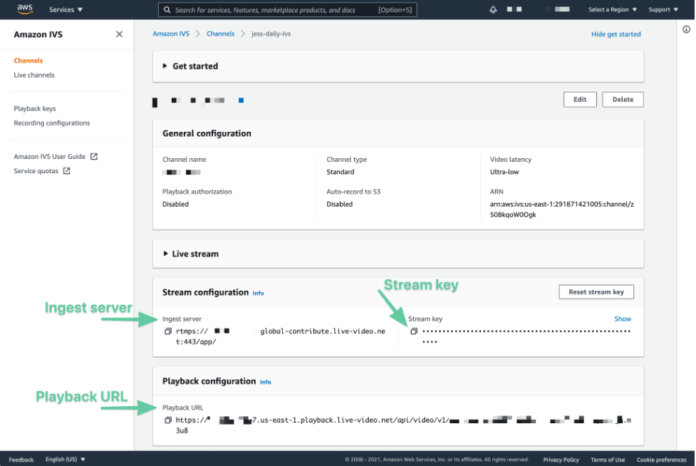 Amazon IVS’s console for a new streaming channel