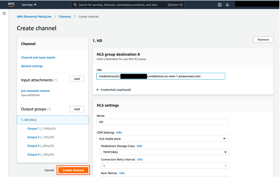 Create a MediaLive Channel, edit destination to MediaStore and change CDN settings 