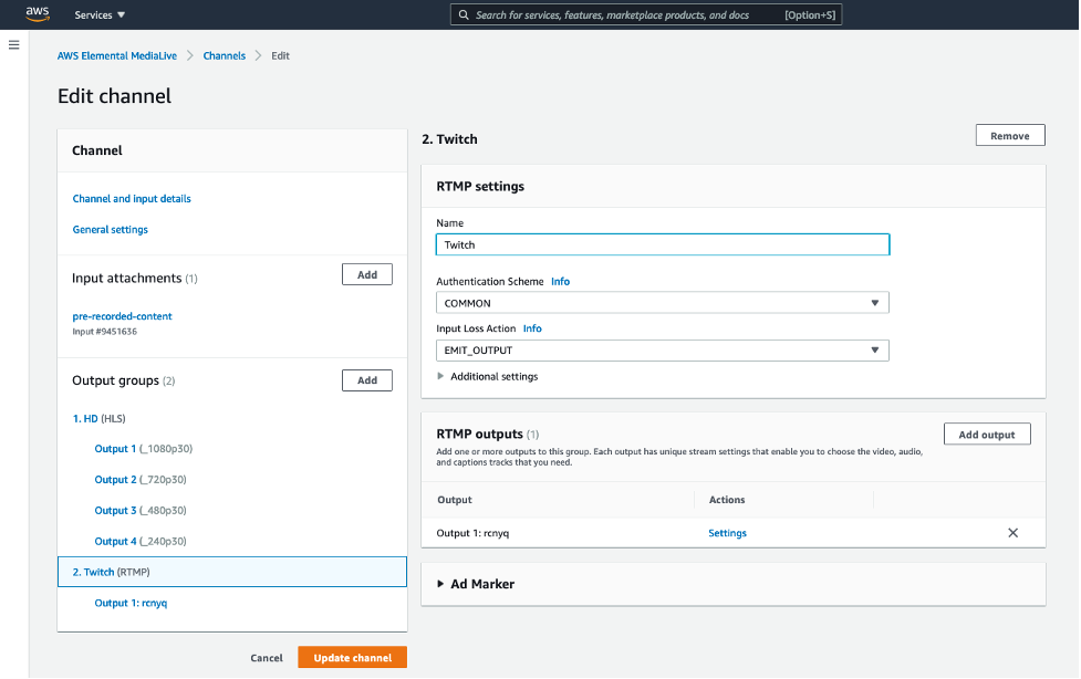 Add an RTMP output group to MediaLive Channel