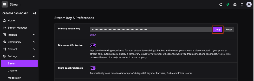 Twitch dashboard, stream settings, copy the primary stream key