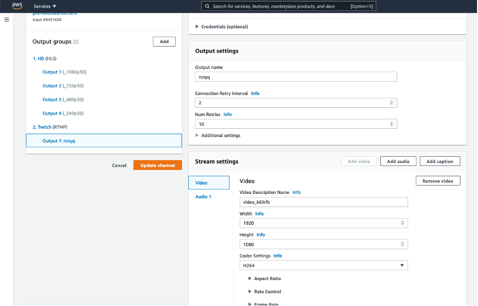 Update the MediaLive Channel, edit Stream settings like Width, Height, Codec for the social channel