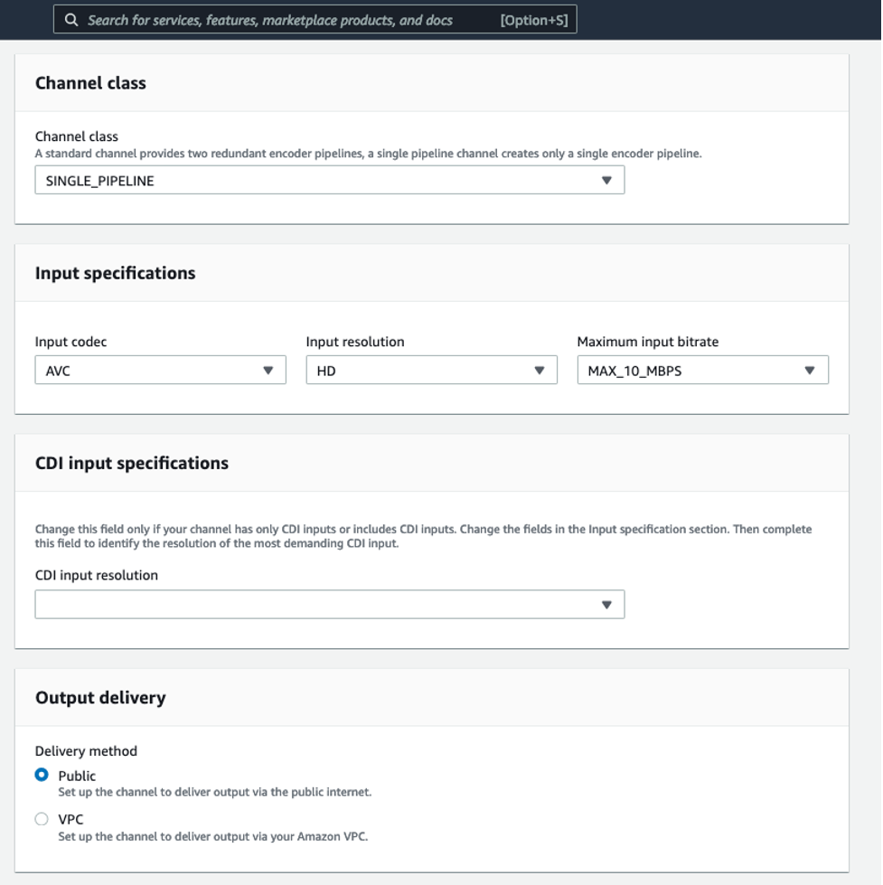 Create a MediaLive Channel, select channel template Live Event – HLS, channel Class and Input specifications like Input codec, input resolution, and maximum input bitrate