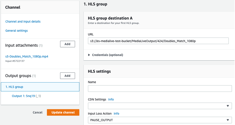 Set up for HLS files in MediaLive console