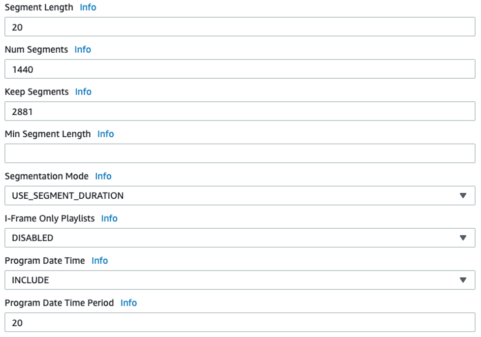 “Manifest and Segments” section in MediaLive console, showing segment length, num of segments, and other metadata. 