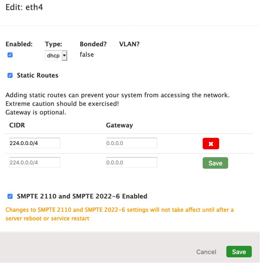 Screenshot of Elemental Live Network Interface User Interface with SMPTE 2110 and SMPTE 2022-6 Enabled