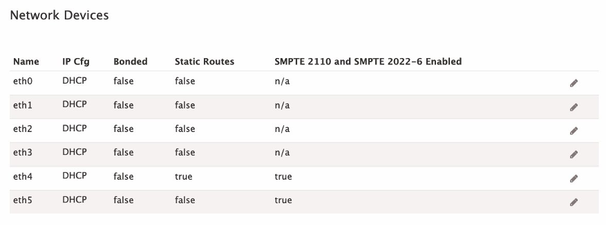 Screenshot of Elemental Live Network Devices User Interface with SMPTE 2110 and SMPTE 2022-6 Enabled on eth4 and eth5