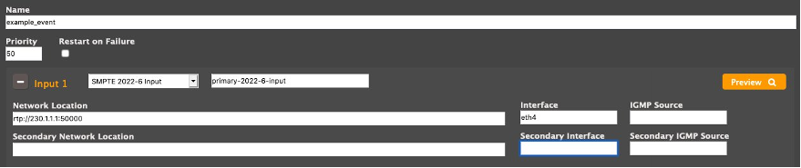 Screenshot of SMPTE 2022-6 Elemental Live Input configured with a source