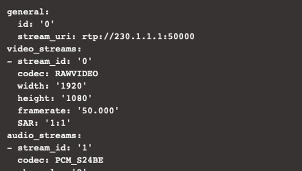 Screenshot of SMPTE 2022-6 Media info output from Elemental Live User Interface