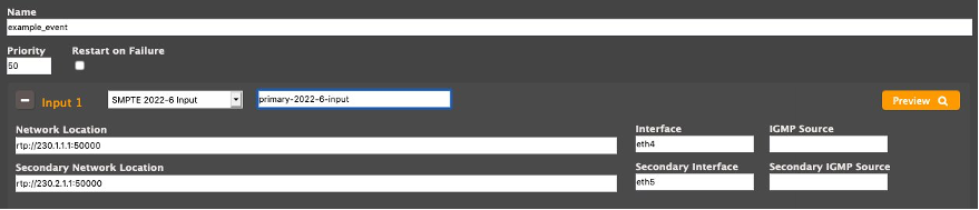 Screenshot of SMPTE 2022-6 Elemental Live Input configured with SMPTE 2022-7 sources