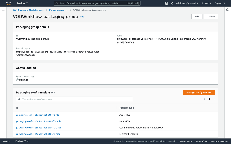 A typical MediaPackage VOD packaging configuration with different streaming formats