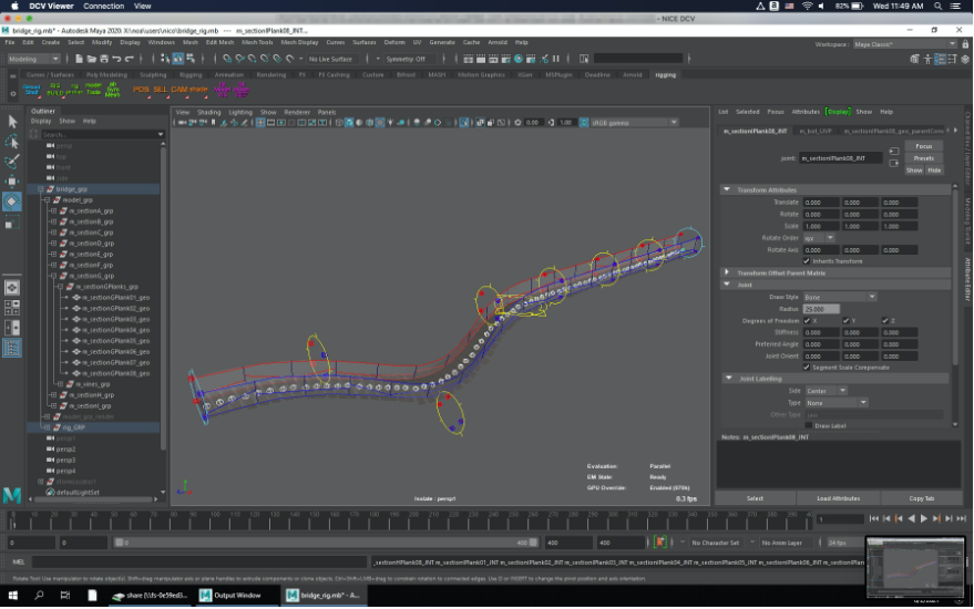 The plank geometries follow the NURBS surface of the rig