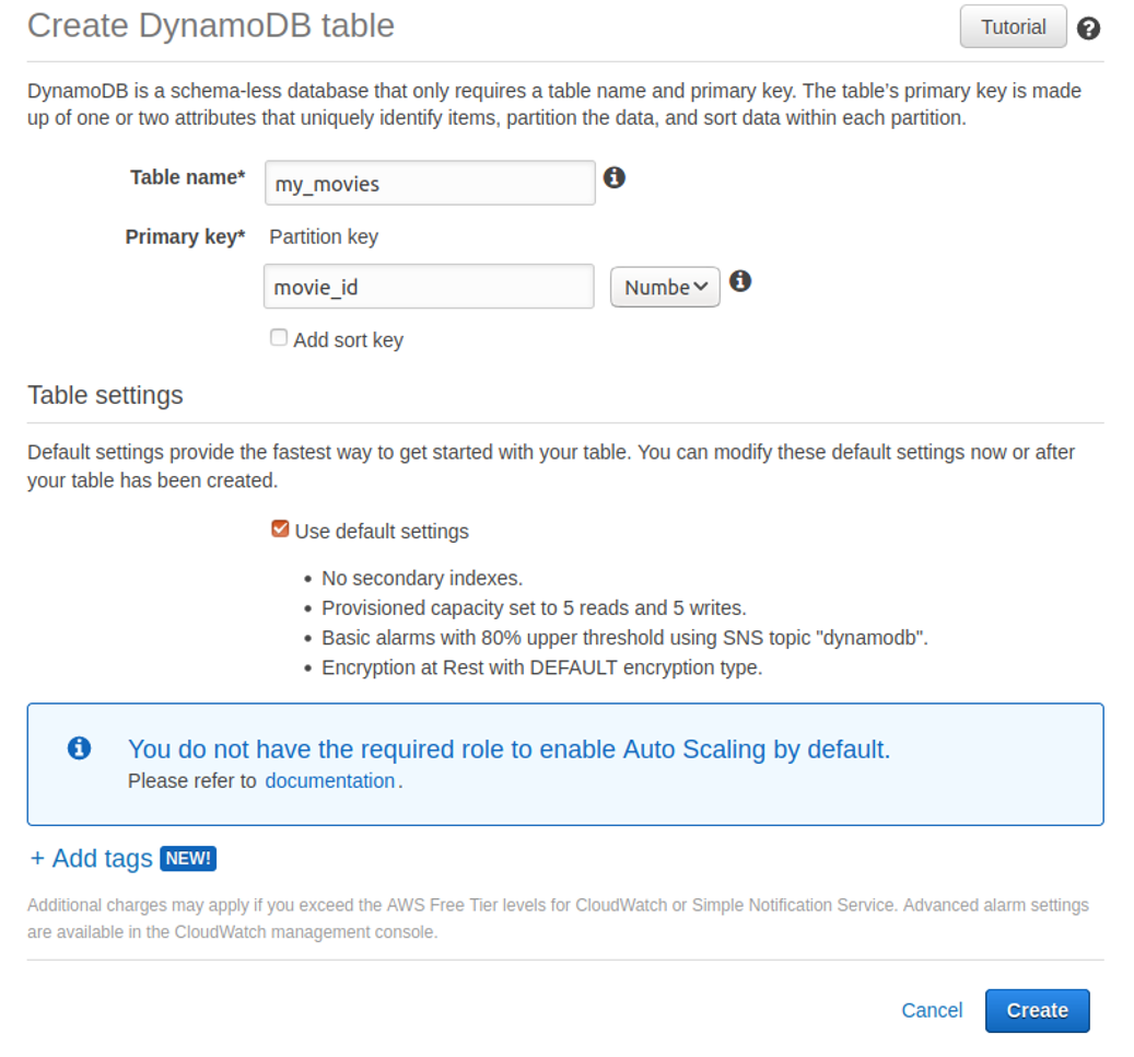 DynamoDB creation menu