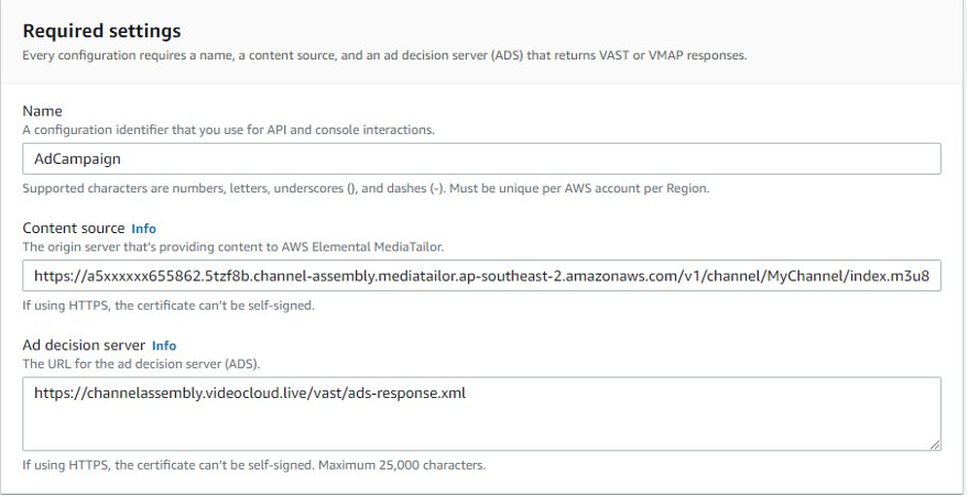 Image showing console options for creating MediaTailor configuration.