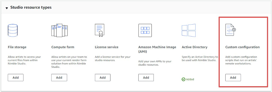 picture of Nimble studio components, highlighting the new Custom configuration component