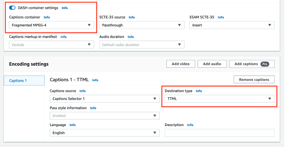 This image shows the TTML caption settings for DASH.