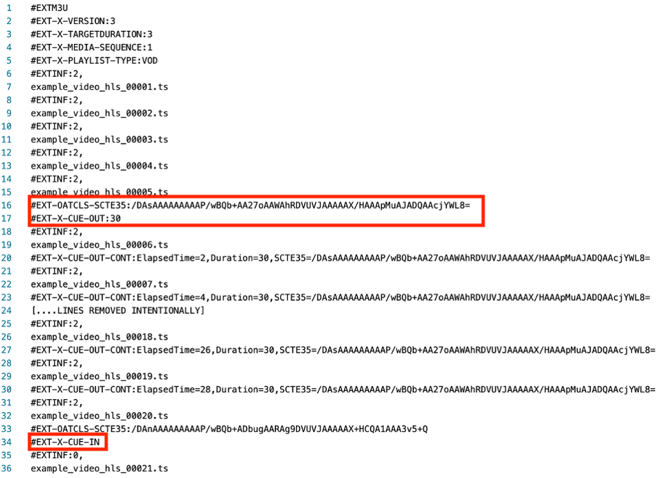 This HLS manifest shows the CUE-OUT and CUE-IN that will signal to MediaTailor to insert ads and overwrite segments 00006–00020 with new ad content, keeping the asset duration unchanged.