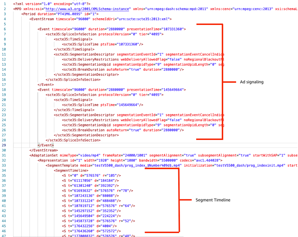 This MPEG-DASH manifest shows the Event elements that will signal MediaTailor to insert ads and overwrite segments between presentation times 107331360 and 110211360 with new ad content, keeping the asset duration unchanged.