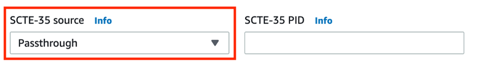 This image shows the SCTE-35 source HLS TS container settings set to “Passthrough.”