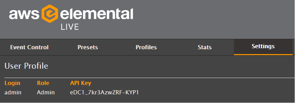 AWS Elemental Live Web UI – page with API key and login
