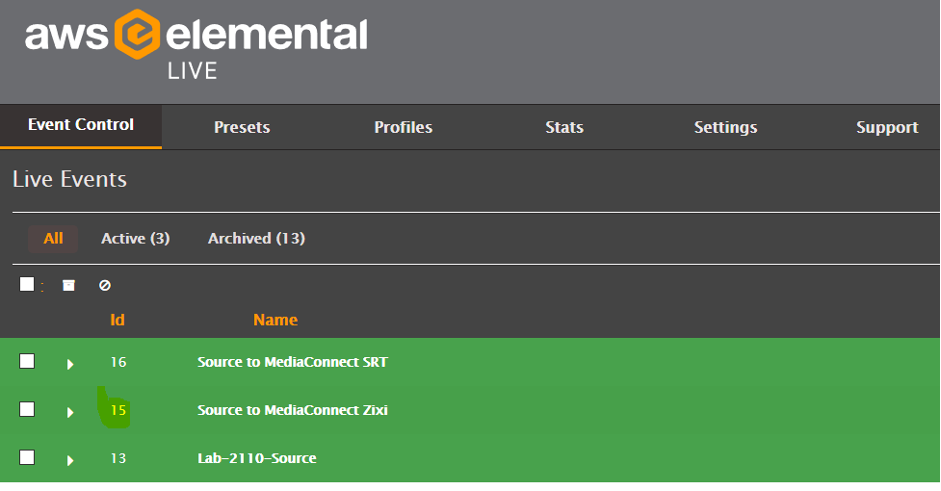 AWS Elemental Live Web UI – page with channel/event ID