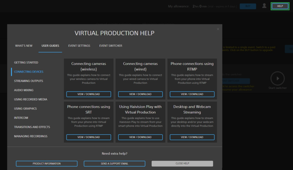 Screenshot showing the help documentation available directly in the Sony Virtual Production user interface.