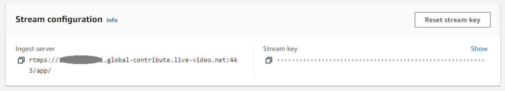 Screenshot showing how to obtain stream key from Amazon IVS console.
