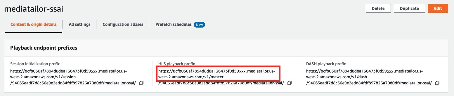 Screen capture of a MediaTailor configuration overview with the HLS playback prefix highlighted