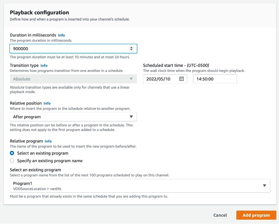 Specifying the beginning date and time of the live program in the channel schedule