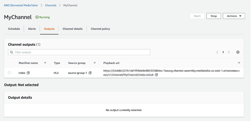 Finding the playback URL for the linear channel in the MediaTailor Channel Assembly console