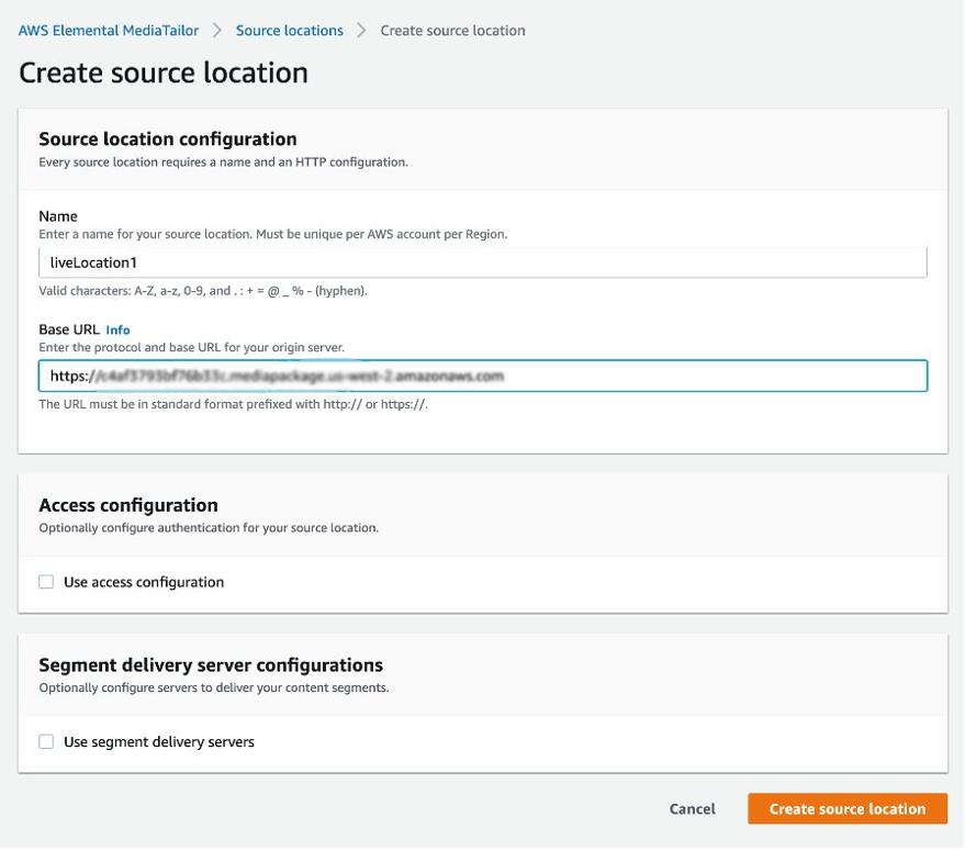 Creating source location for a live source in MediaTailor Channel Assembly