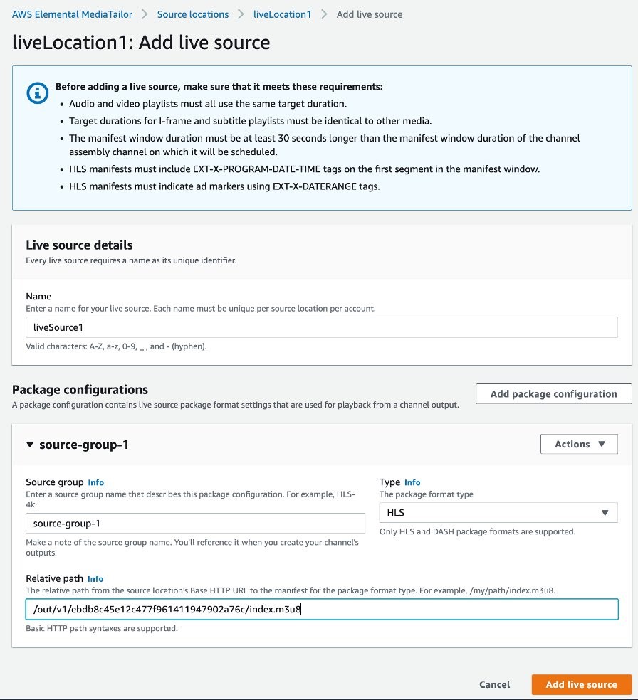 Associating a source group with a packaging configuration of a MediaPackage endpoint for a Live source in the MediaTailor Channel Assembly