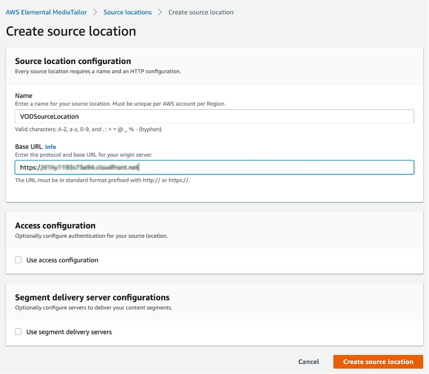 Creating a VOD source location in the MediaTailor Channel Assembly