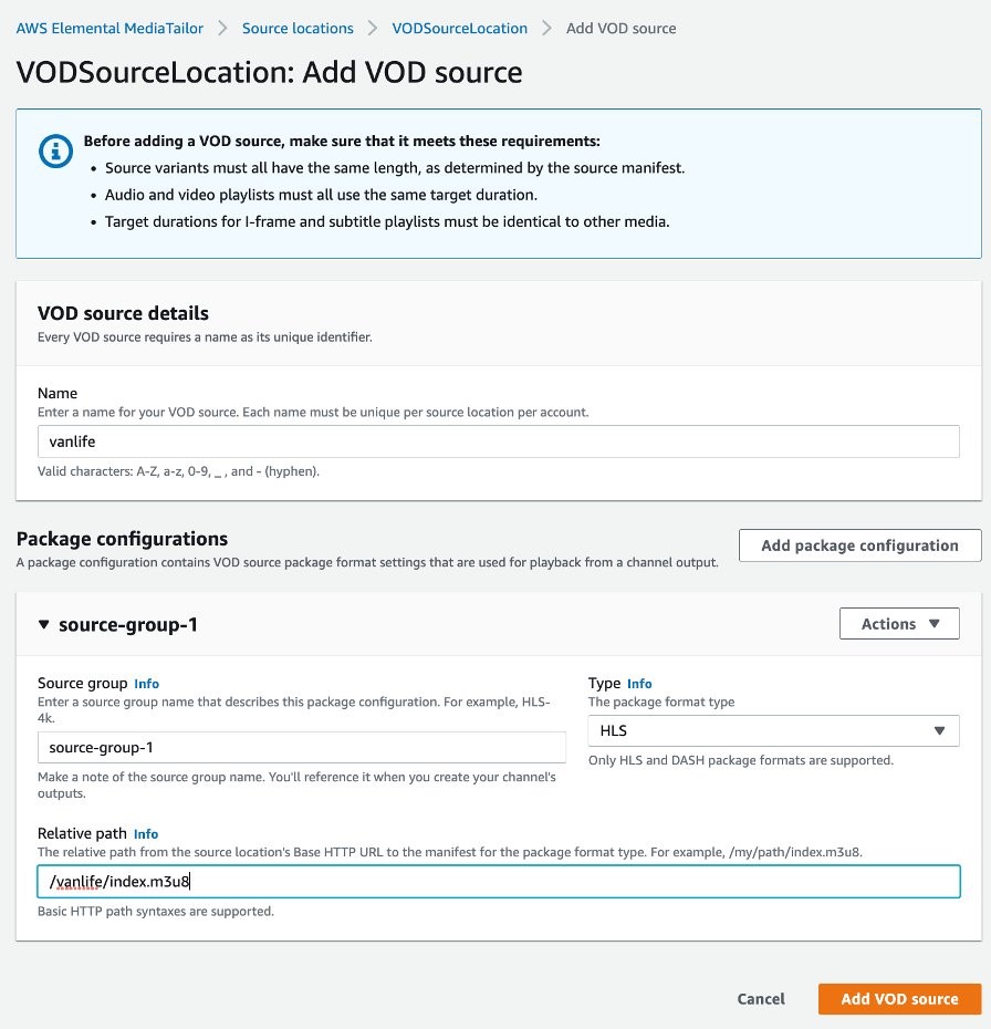 Associating a source group with a packaging configuration of a VOD source in the MediaTailor Channel Assembly